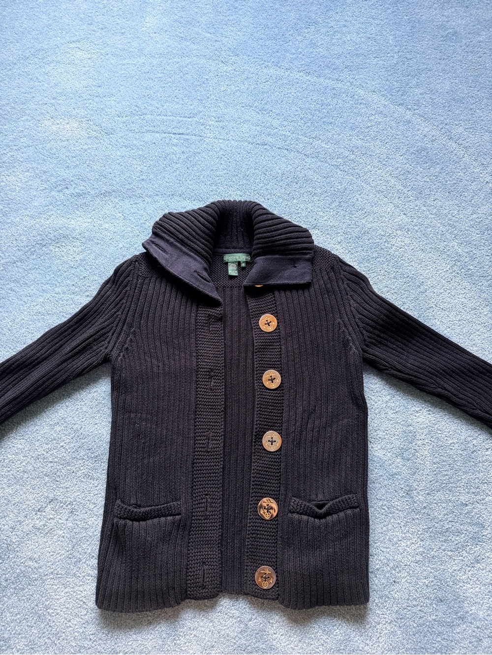 Ralph Lauren Black Ribbed Shawl-Collar Cardigan with Wood Buttons